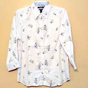 Chaps Collared Button Down Women’s Floral Pattern Large White Blue/Yellow